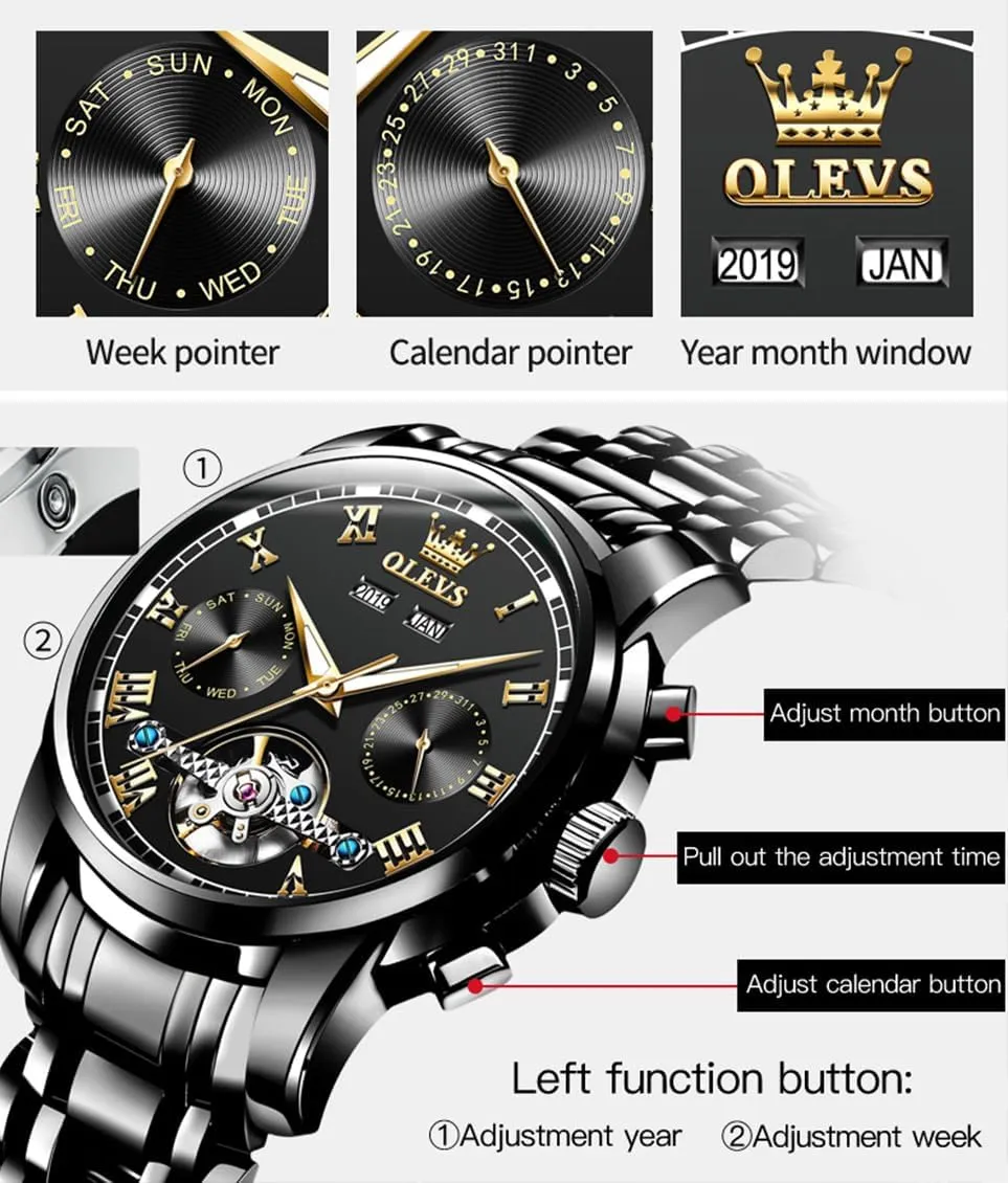 Mechanical Men Watch,Day-Date-Month-and-Year Automatic Watch Men,Fashion Stainless Steel Watch Green&Blue&Black Face behavioral expire vaudeville OLEVS Automatic 
