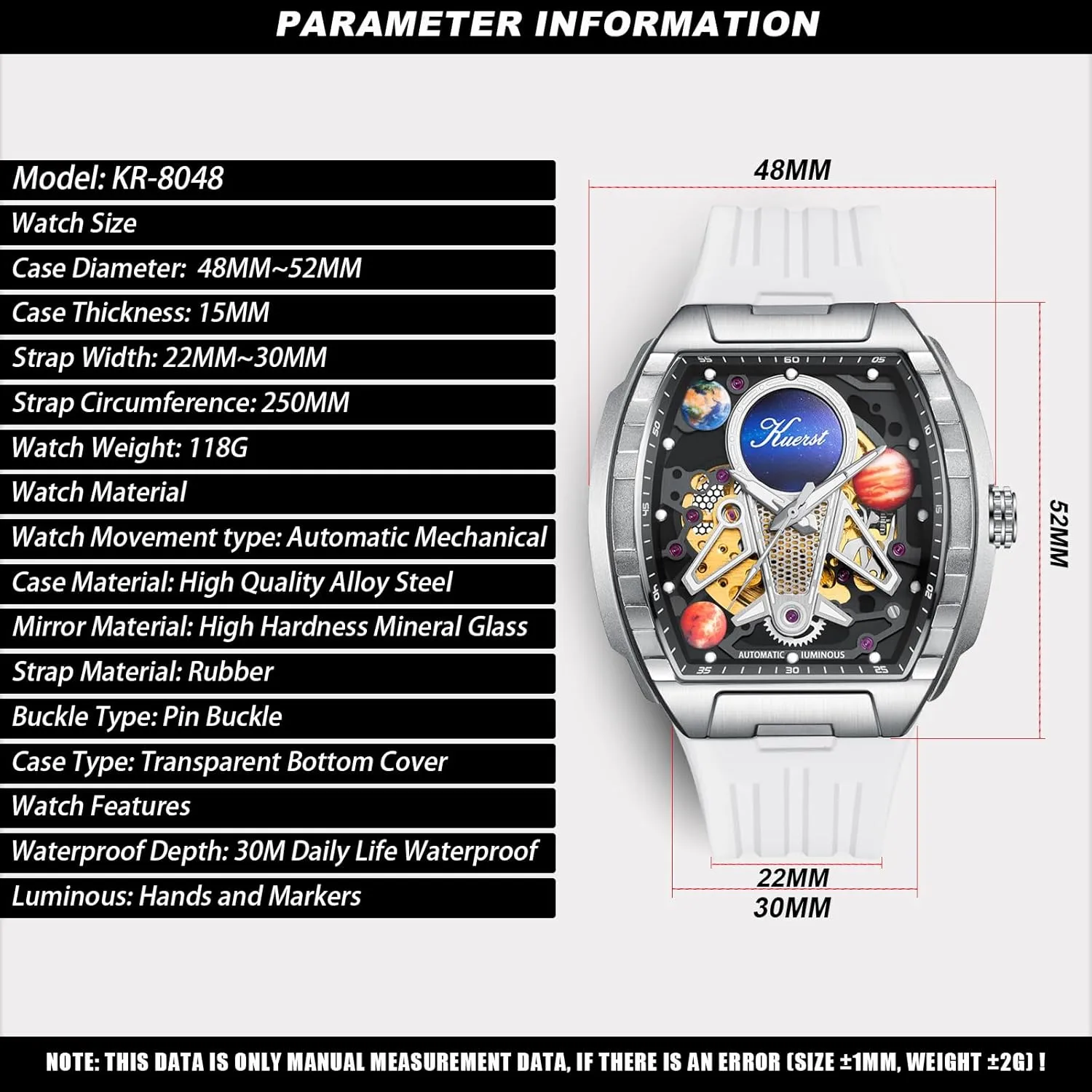 Men's Automatic Watch Fashion Tonneau Hollow Mechanical rape already preferably Design 30M Waterproof Wrist Watches for Men and Women KUERST 