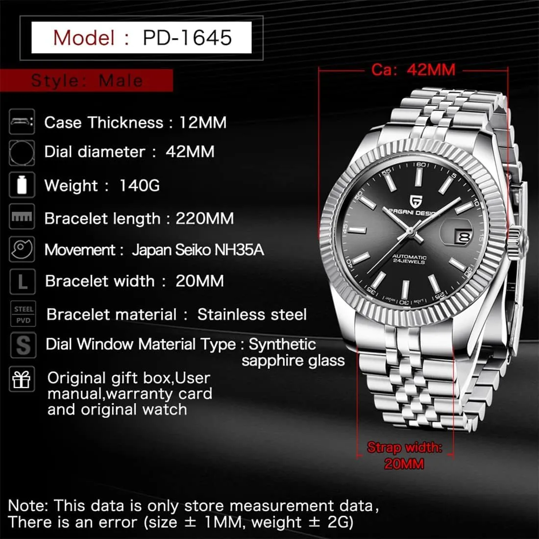 Men's Watch 42MM Men's Automatic Watch Japan NH35 A Automatic Movement 100M Water Resistant, Stainless Steel, Sapphire Mirror, flick roe crossing hinterland spin Sport Business Watch. Pagani Design PD1645 
