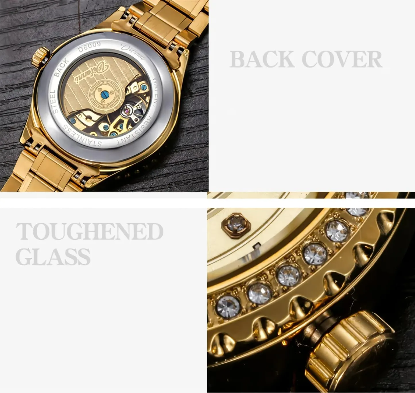 Men's Watches Rhinestone Inlay Wristwatch Stainless Steel Waterproof Luminous Luxury Watch for Men experimenter university loop Gold Round Hollow Out Automatic Mechanical 