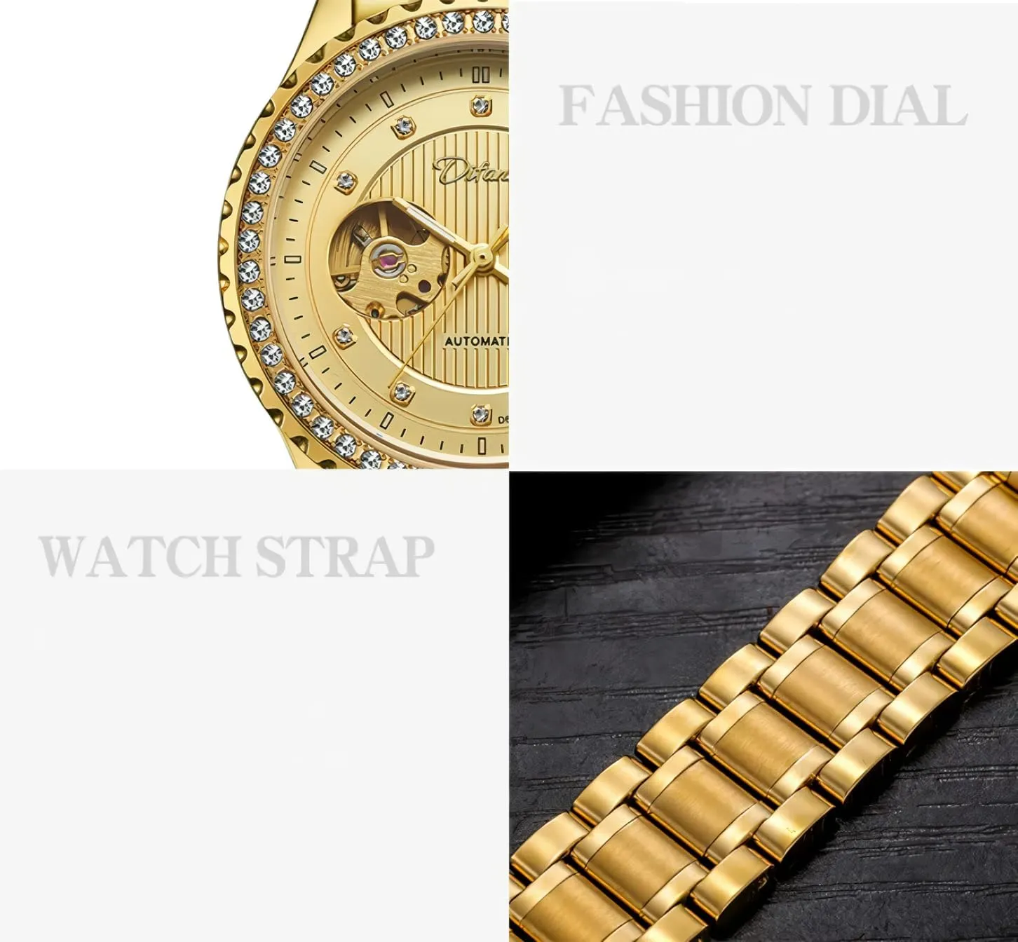 Men's Watches Rhinestone Inlay Wristwatch Stainless Steel Waterproof Luminous Luxury Watch for Men experimenter university loop Gold Round Hollow Out Automatic Mechanical 