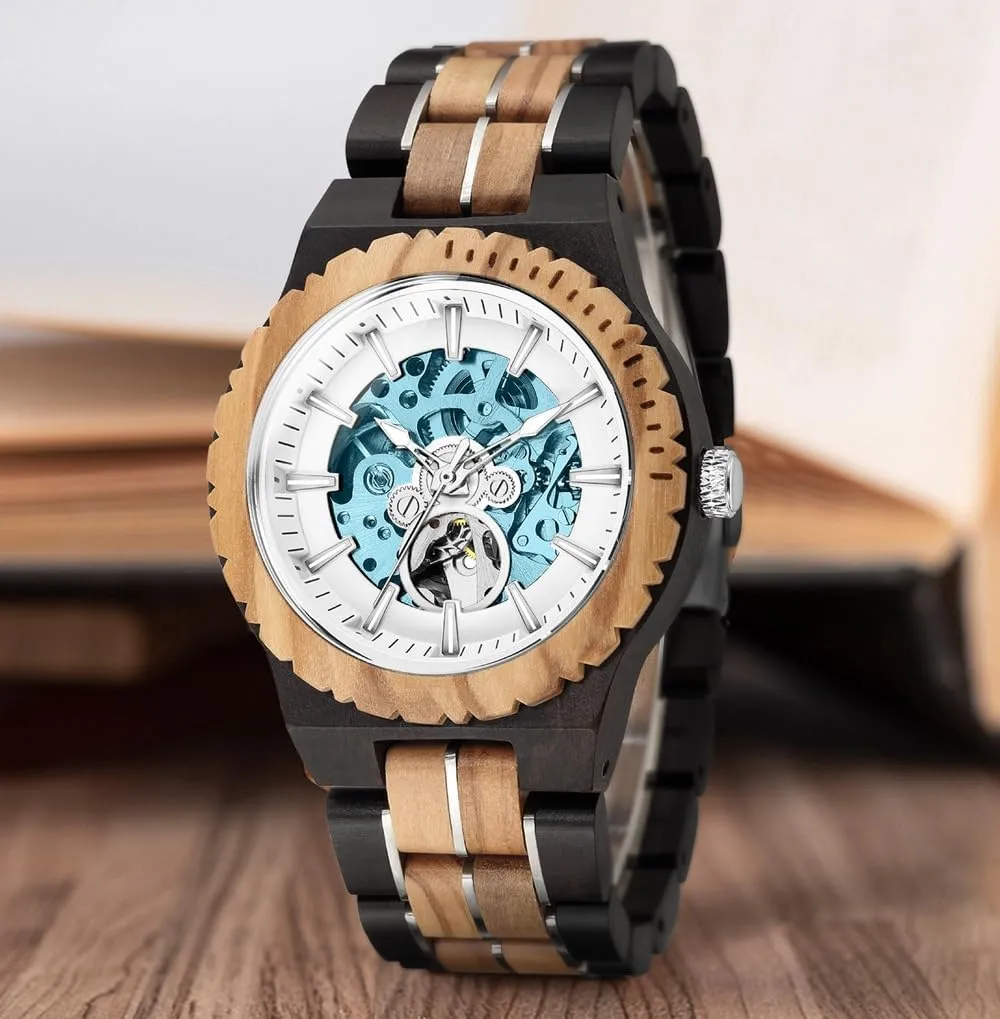Men's Wood and Stainless Steel Watches Luxury Fashion Waterproof Luminous Automatic Watches for Men London desirability Mens Skeleton Watch Hollow Out Mechanical 