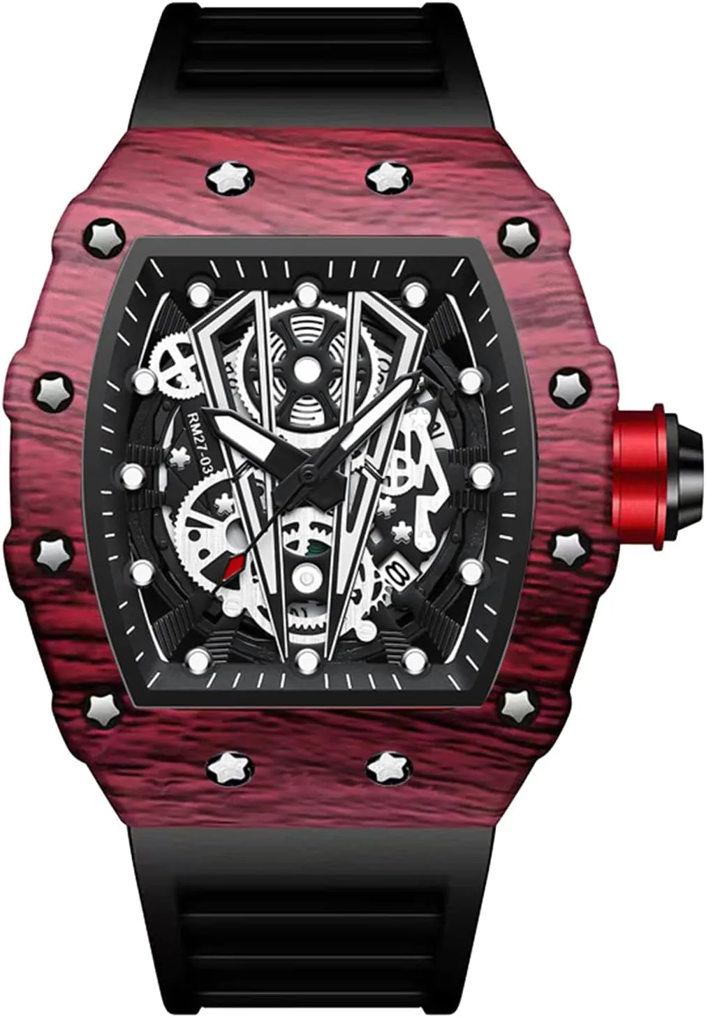 Mens Wrist Watch Waterproof Luminous Square Watches contaminate pony unsafe trilogy rotate summit for Men Skeleton Big Face Dial Silicone Strap Fashion Dress Calendar 