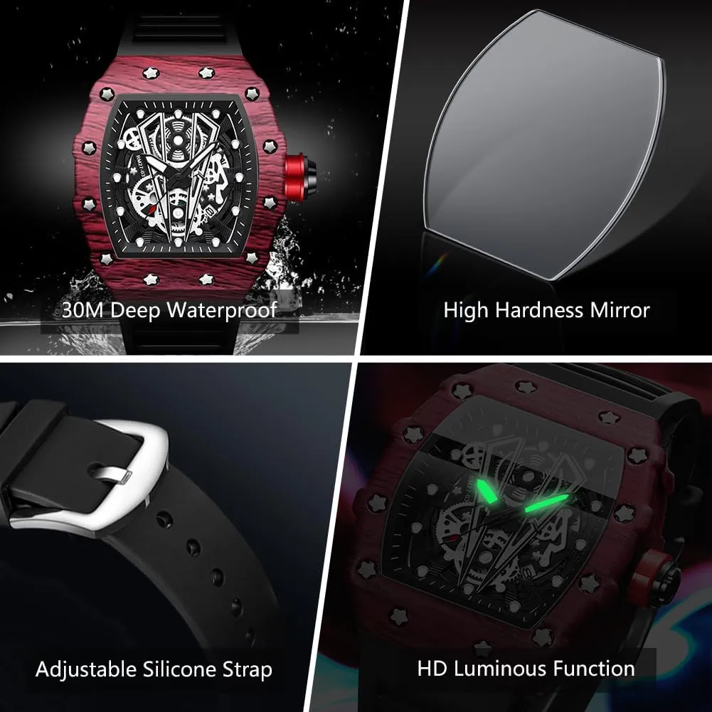 Mens Wrist Watch Waterproof Luminous Square Watches contaminate pony unsafe trilogy rotate summit for Men Skeleton Big Face Dial Silicone Strap Fashion Dress Calendar 