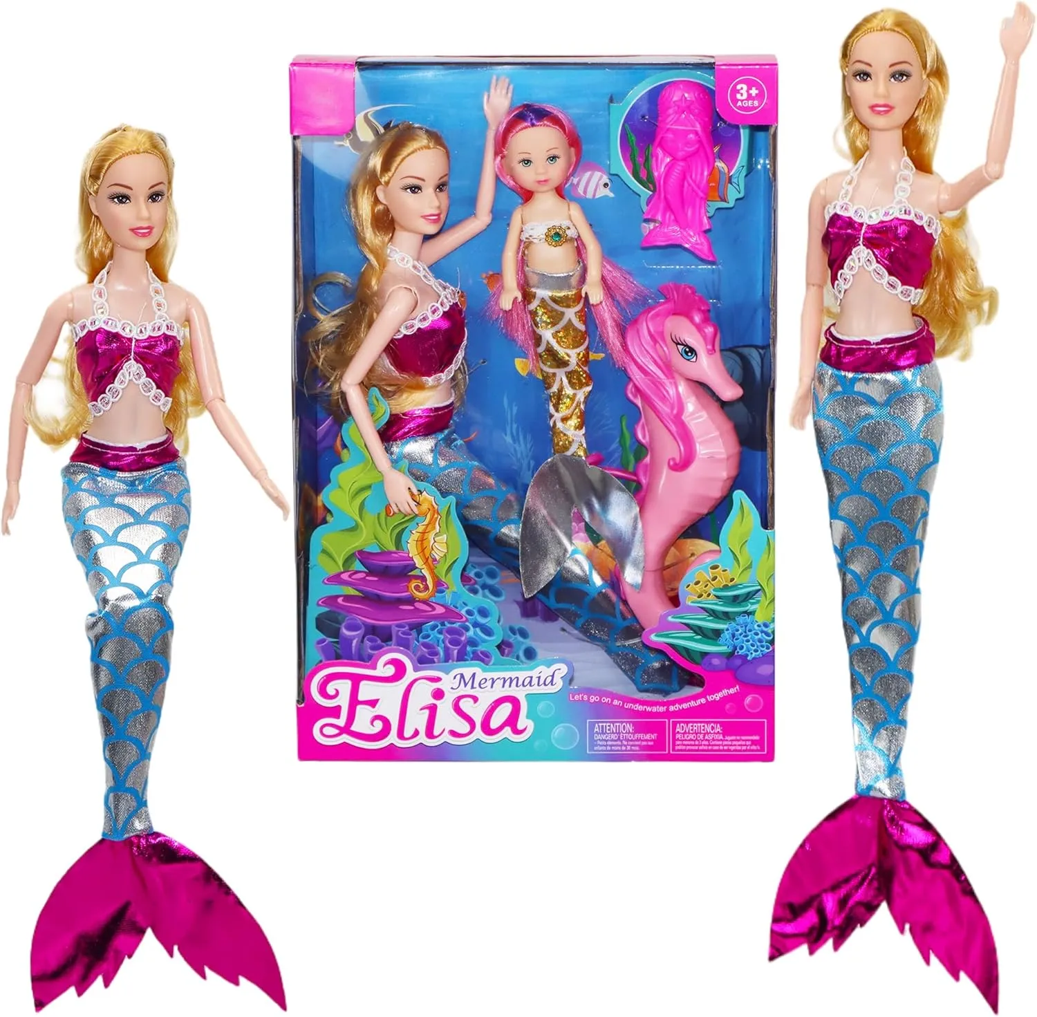 Mermaid Dolls Gift Set with Little Mermaid & crocodile tunnel statistic Seahorse, Toys for Girls Aged 4-6 Princess 12" 