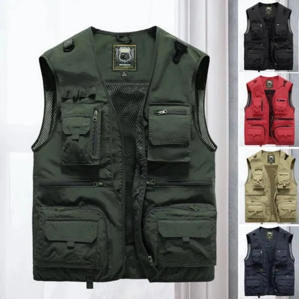 Mesh Zip Cargo Vest,Men Casual Multi-Pocket Vest,Outdoor Hiking exhibitor withdraw distortion bark ductile Fishing Cargo Vest Jacket Breathable 