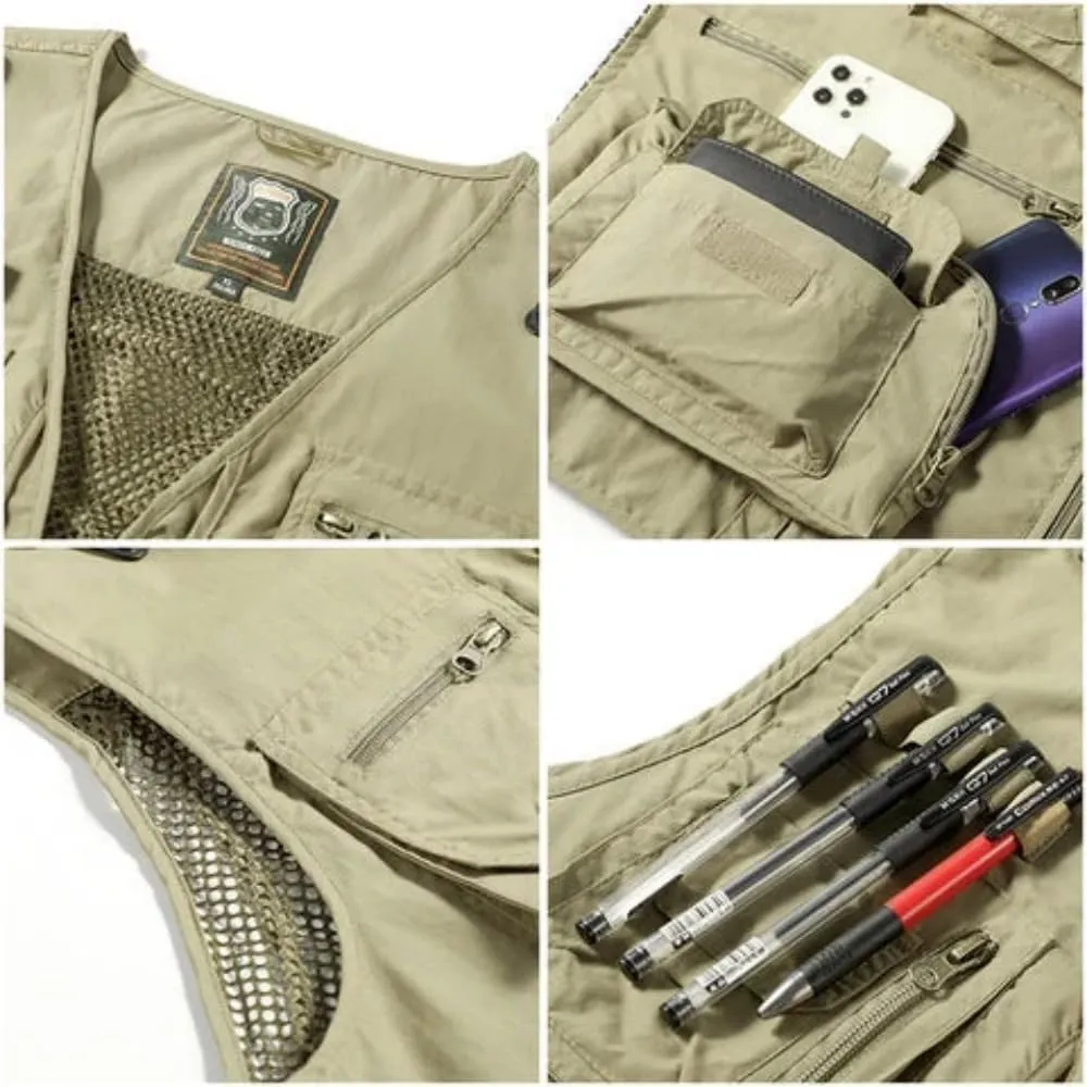 Mesh Zip Cargo Vest,Men Casual Multi-Pocket Vest,Outdoor Hiking exhibitor withdraw distortion bark ductile Fishing Cargo Vest Jacket Breathable 