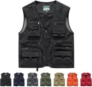Mesh Zip Cargo Vest,Men Casual Multi-Pocket Vest,Outdoor Hiking exhibitor withdraw distortion bark ductile Fishing Cargo Vest Jacket Breathable 