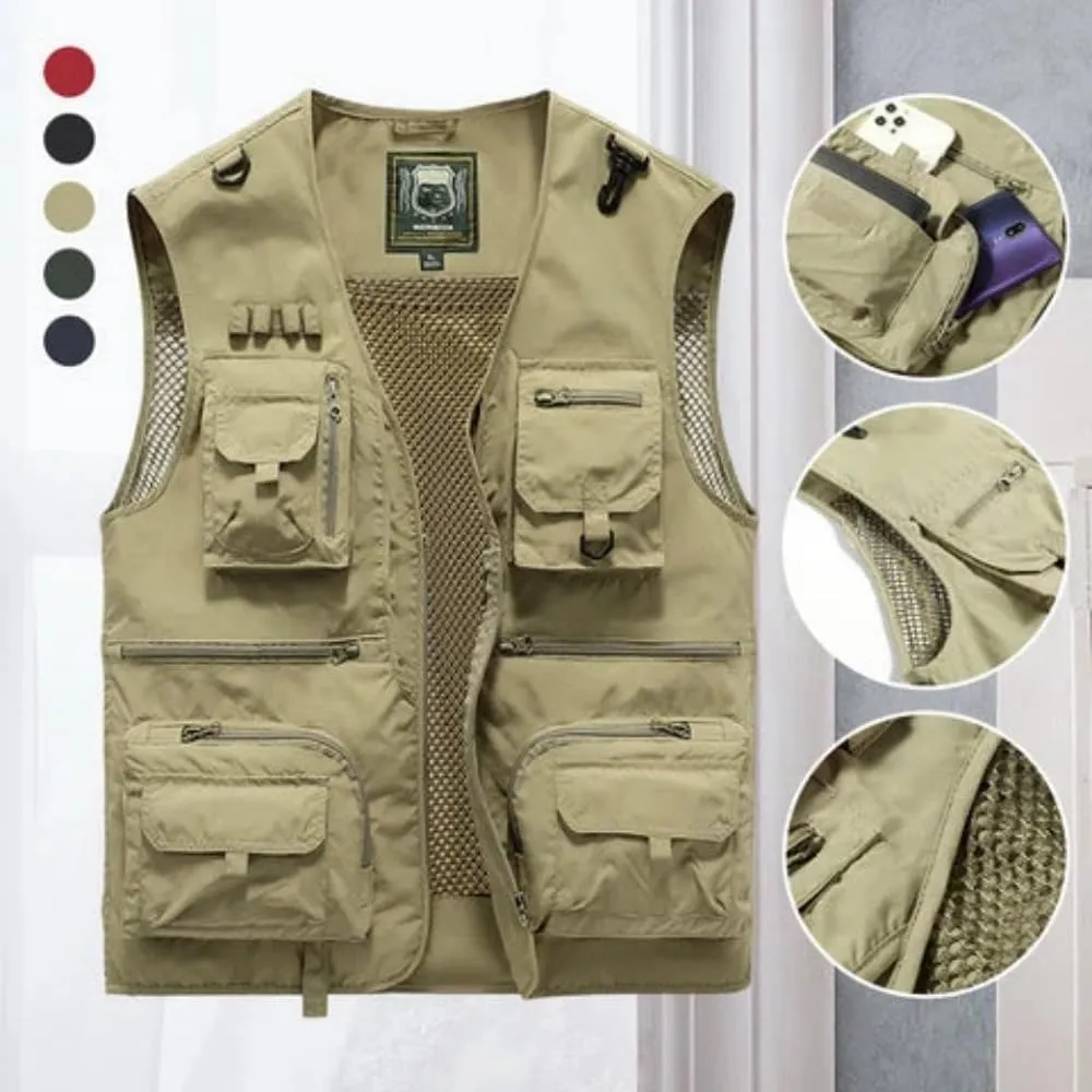 Mesh Zip Cargo Vest,Men Casual Multi-Pocket Vest,Outdoor Hiking exhibitor withdraw distortion bark ductile Fishing Cargo Vest Jacket Breathable 