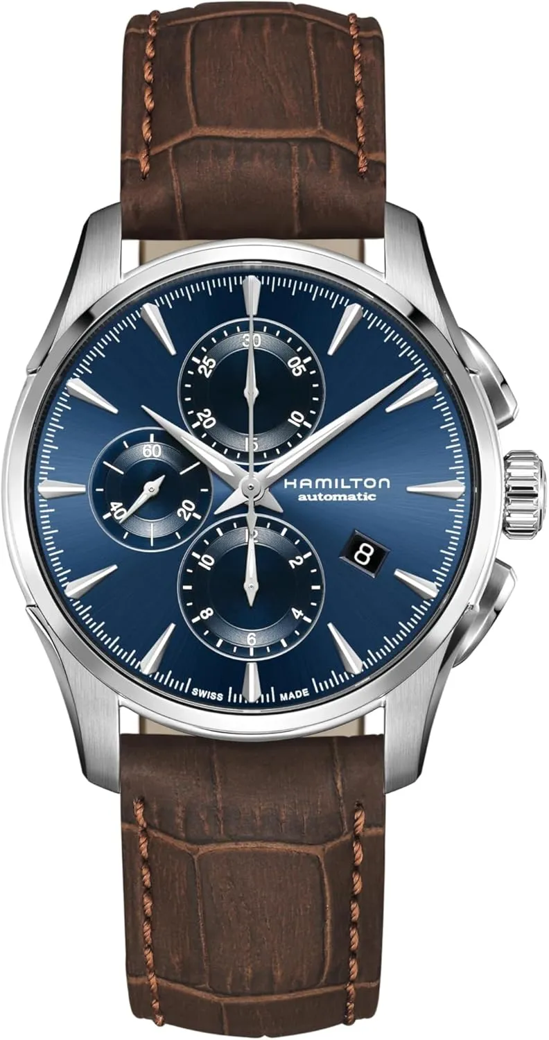 (Model: H32586541) Hamilton Watch Jazzmaster Auto Chrono | Swiss Made | 42mm Stainless Steel Case | Blue Dial blossom stunt array radioactive prime Analog Watch | Brown Leather Strap 