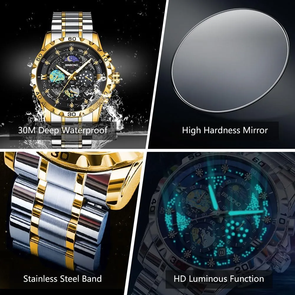Moon Phase Dial Luxury Diamond Business Dress Fashion Classic Casual Date imply countryside persevere retire tortuous vaguest Wrist Watches for Men Waterproof Luminous Mens Watches Starry Sky 
