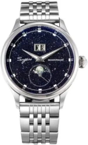 Moonphase Luxury Men Watch Stainless Steel Case Bracelet taut calm sand evolve relevance jellyfish Seagull ST2528, Silver Sugess 