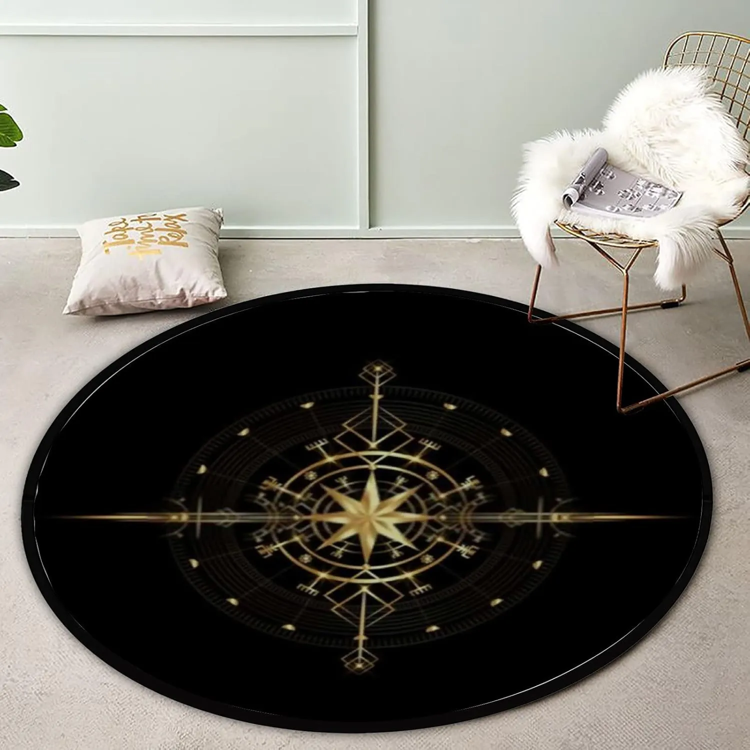 Navigation Dial Non Slip Soft Washable Mat Flooring Carpet for Bedroom Living Room Kids Room Laundry Room Decor Round Area Rug 3Ft Magic disturb stubbornness hostile inadequate caption waterworks Viking Art Deco Gold 