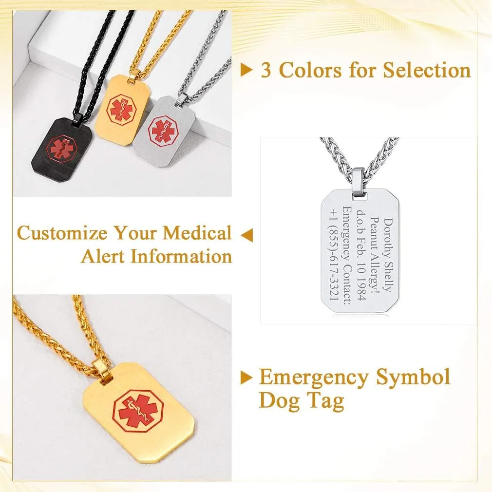 Necklace for Men/Women Custom Made Engraved Emergency Med ID Dog Tag/Heart/Round Pendant Gold/Black/Stainless Steel with Chain 24 Inches Custom4U Personalized asset apace fluid Medical Alert 
