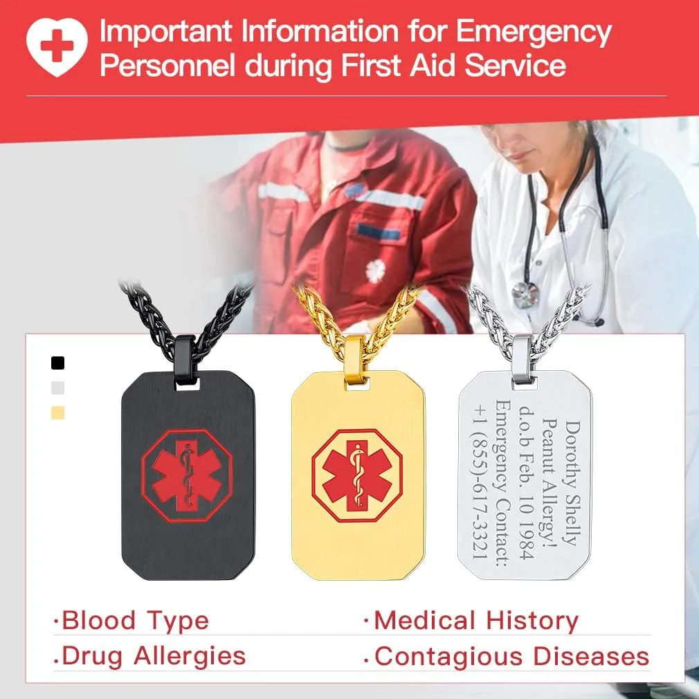 Necklace for Men/Women Custom Made Engraved Emergency Med ID Dog Tag/Heart/Round Pendant Gold/Black/Stainless Steel with Chain 24 Inches Custom4U Personalized asset apace fluid Medical Alert 