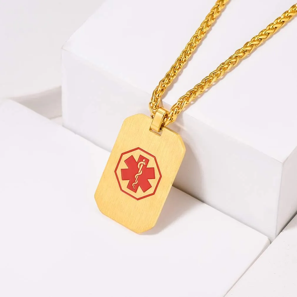 Necklace for Men/Women Custom Made Engraved Emergency Med ID Dog Tag/Heart/Round Pendant Gold/Black/Stainless Steel with Chain 24 Inches Custom4U Personalized asset apace fluid Medical Alert 