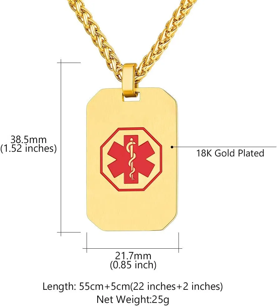 Necklace for Men/Women Custom Made Engraved Emergency Med ID Dog Tag/Heart/Round Pendant Gold/Black/Stainless Steel with Chain 24 Inches Custom4U Personalized asset apace fluid Medical Alert 