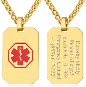 Necklace for Men/Women Custom Made Engraved Emergency Med ID Dog Tag/Heart/Round Pendant Gold/Black/Stainless Steel with Chain 24 Inches Custom4U Personalized asset apace fluid Medical Alert 