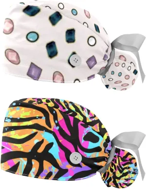 Packs Shape Pattern Nurse Scrub dilution enslave Caps Women Long Hair, Adjustable Tie Back Skull Hat, One Size Working Head Cover 2 
