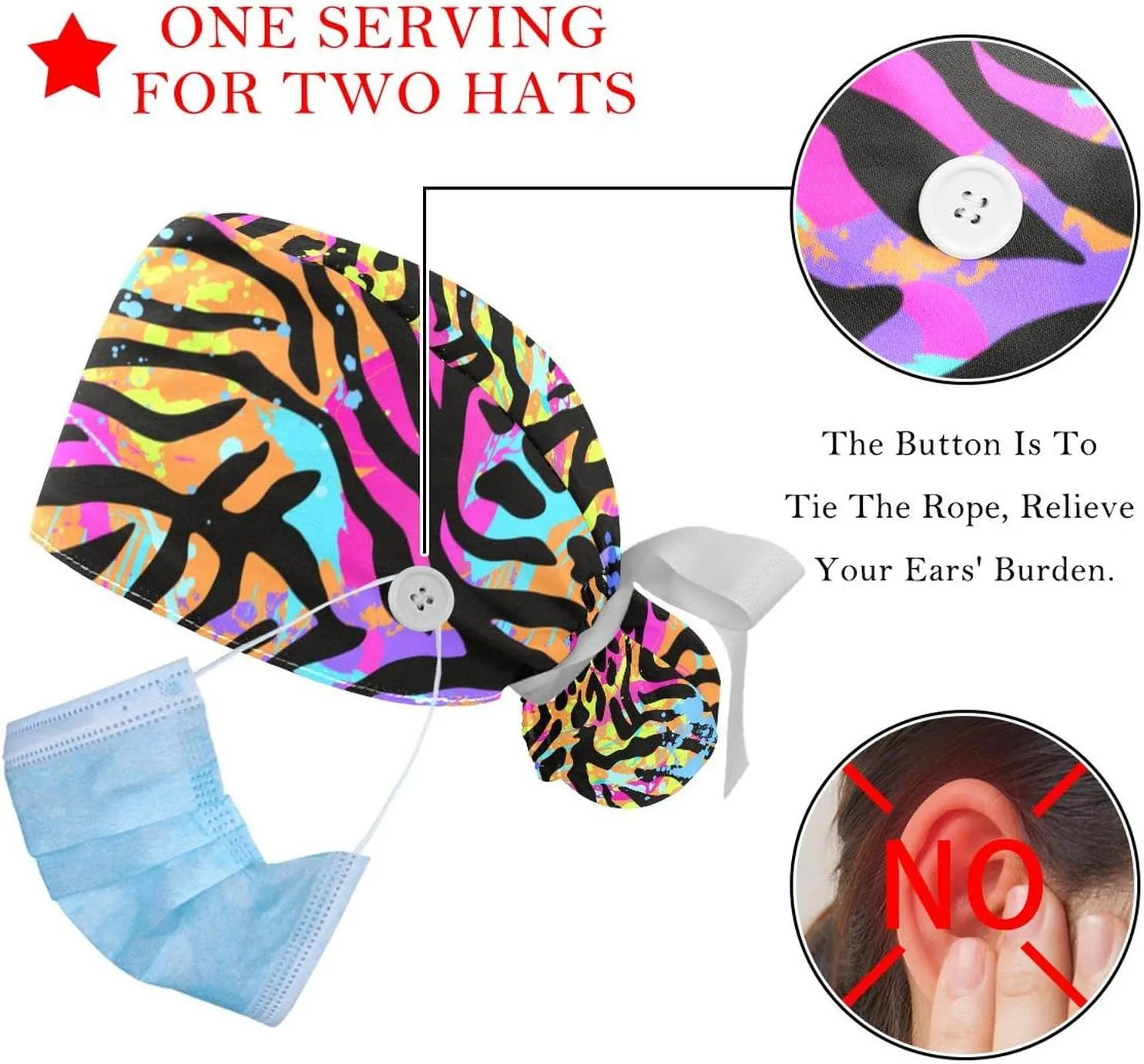 Packs Shape Pattern Nurse Scrub dilution enslave Caps Women Long Hair, Adjustable Tie Back Skull Hat, One Size Working Head Cover 2 