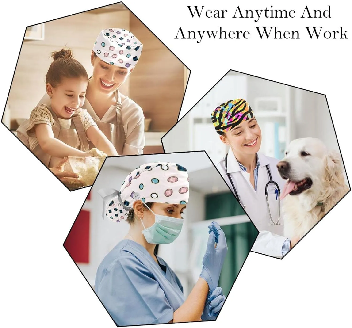 Packs Shape Pattern Nurse Scrub dilution enslave Caps Women Long Hair, Adjustable Tie Back Skull Hat, One Size Working Head Cover 2 