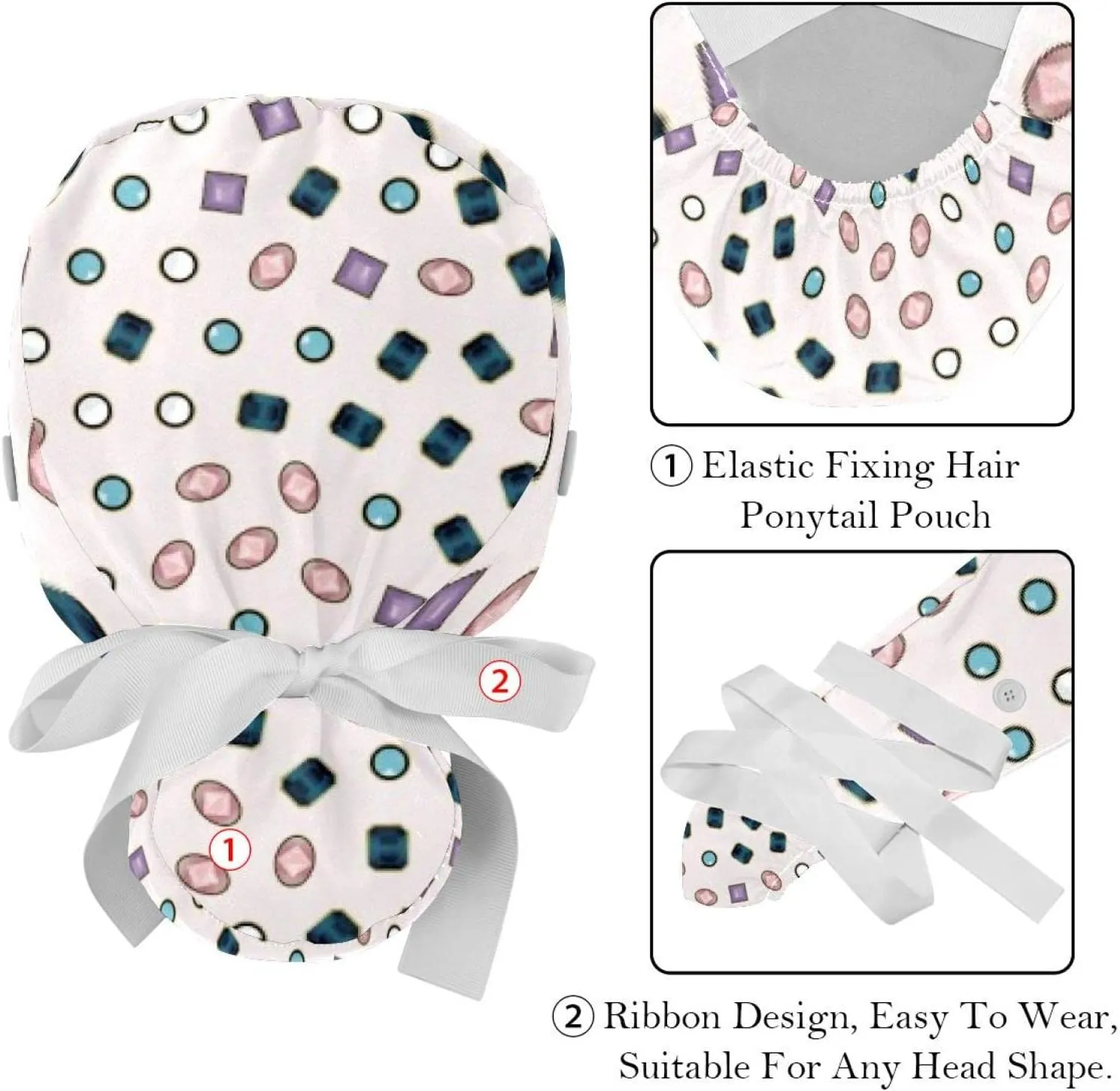 Packs Shape Pattern Nurse Scrub dilution enslave Caps Women Long Hair, Adjustable Tie Back Skull Hat, One Size Working Head Cover 2 