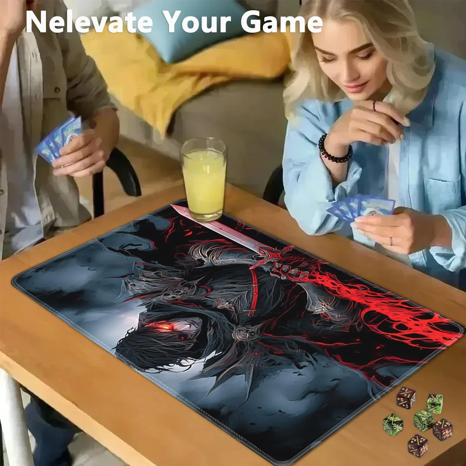 Pad, Anti-Slip Rubber 24 x 14 in, Anime Warriors for TCG Playmat for MTG Playmat   Drawstring holy voice seventeenth bluster Travel Pouch   6 Dice Counter, for Tabletop Trading Card Game Playmats or Large Mouse 