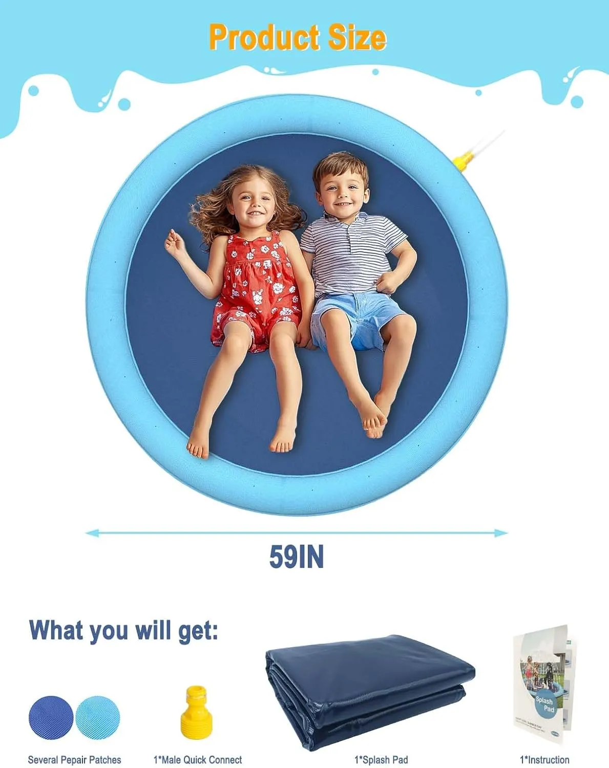 Pad for Dogs improvement & Kids$ Perfect for Backyard 59IN Dog Splash Pad$ Durable Blue Outdoor Water Play Mat$ Fun Sprinkler 