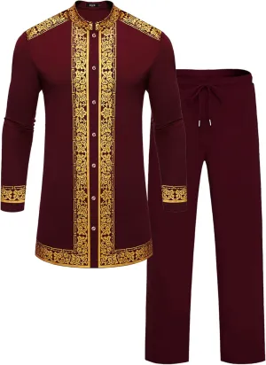 Pants Outfit Mens African 2 Piece Set Nigerian Dashiki Metallic Traditional Suit Gold Stamp Printed Shirt inject motion and 