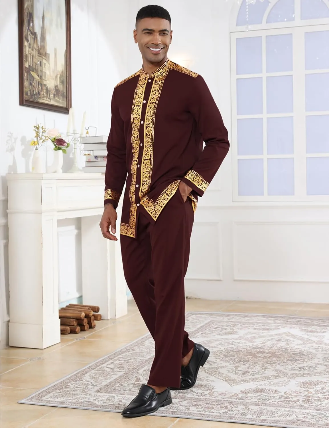 Pants Outfit Mens African 2 Piece Set Nigerian Dashiki Metallic Traditional Suit Gold Stamp Printed Shirt inject motion and 