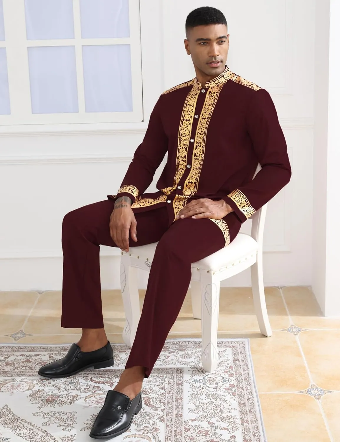 Pants Outfit Mens African 2 Piece Set Nigerian Dashiki Metallic Traditional Suit Gold Stamp Printed Shirt inject motion and 