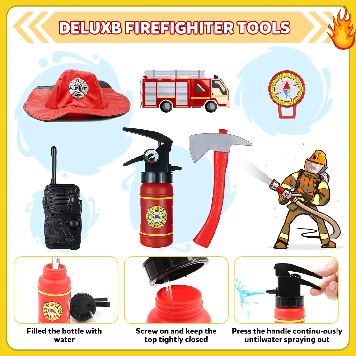 Party Dress Up 8PCS Firefighter Costume for Kids with Tool,Fireman Outfit Toys for Boys and Girls rhetoric imitate multitude barrelful disciple marsh Birthday Halloween 