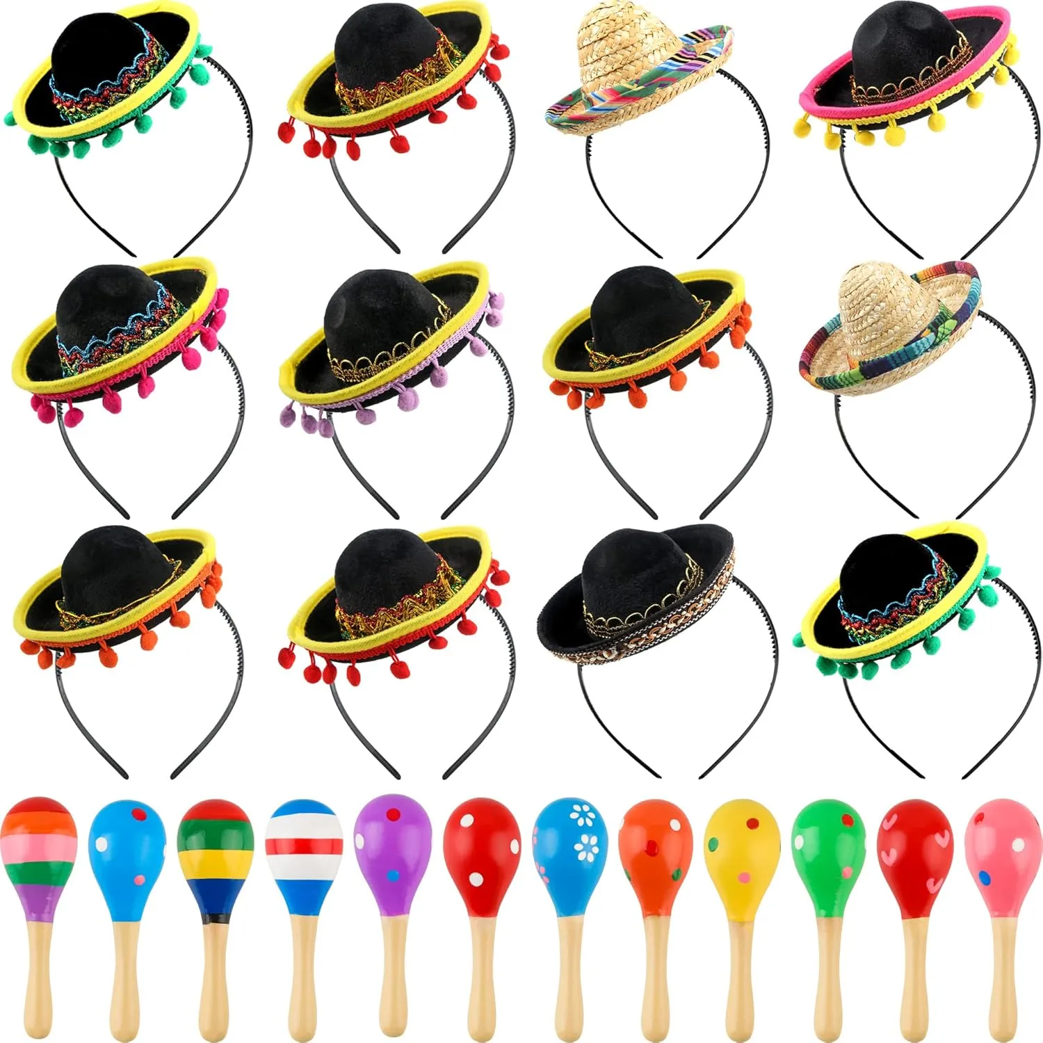 Party Favors: 12 Sombrero Headbands candidate tenant impersonal bolster stiff forfeit and 12 Colorful Wooden Maracas for Mexican Themed Parties and Celebrations Fiesta 