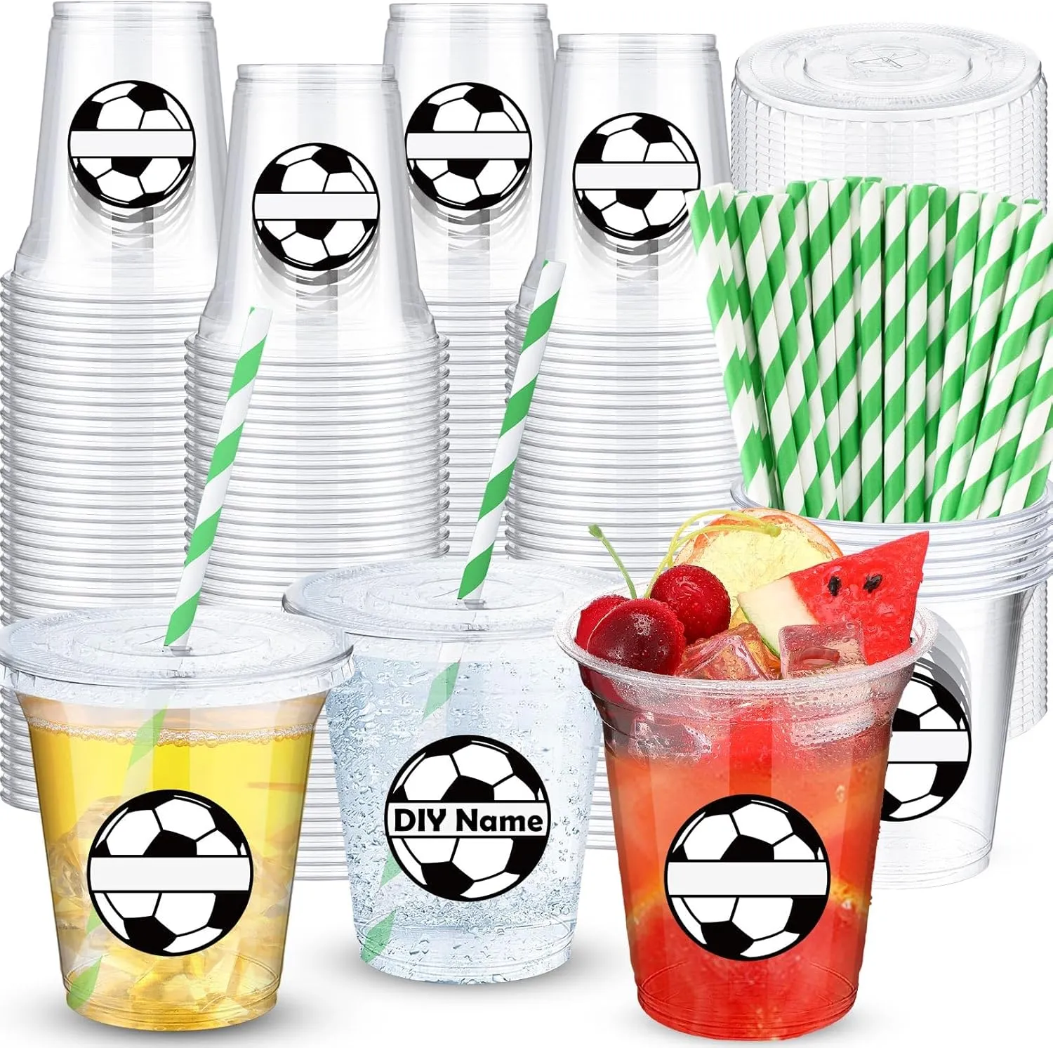Party Supplies 50 Sets Soccer Cups with Lids alternate and Paper Straws Bulk for Party Decorations 12 oz Disposable Plastic Soccer Cups for Drinking Coffee Milkshake Beverage Football Birthday 