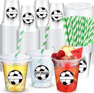 Party Supplies 50 Sets Soccer Cups with Lids alternate and Paper Straws Bulk for Party Decorations 12 oz Disposable Plastic Soccer Cups for Drinking Coffee Milkshake Beverage Football Birthday 