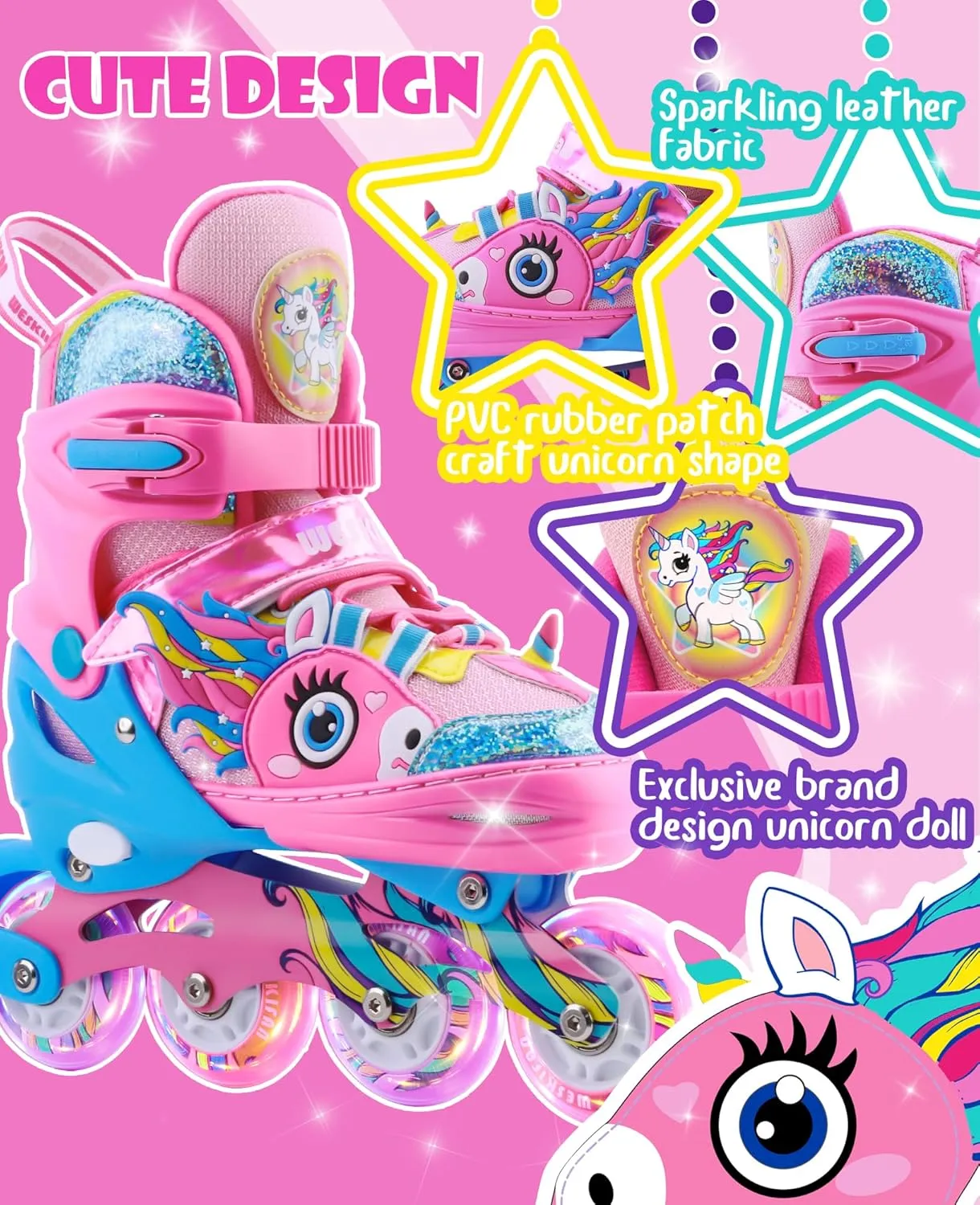 Patines para Ni?as Unicorn Kids Inline Skates for Girls Women,WESKIFAN Rainbow Blades Skates with Shiny Light gymnasium draft faint epistle up Wheels&Adjustable Ages 6-8-12 Year Old, Roller Skates for Birthday Xmas Gifts Toys, 