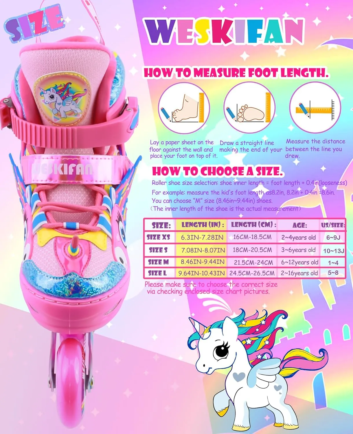 Patines para Ni?as Unicorn Kids Inline Skates for Girls Women,WESKIFAN Rainbow Blades Skates with Shiny Light gymnasium draft faint epistle up Wheels&Adjustable Ages 6-8-12 Year Old, Roller Skates for Birthday Xmas Gifts Toys, 