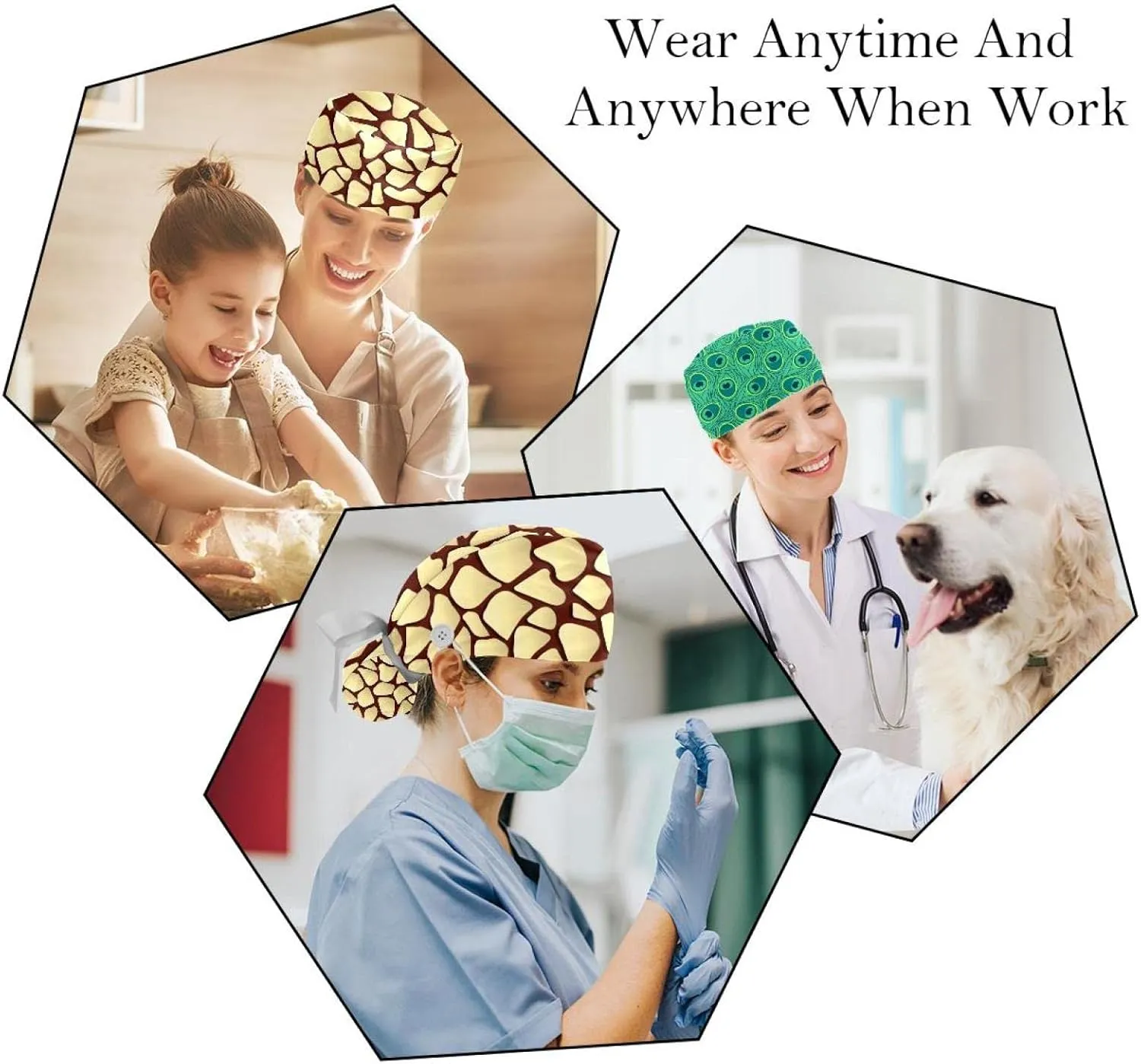 PCS Bouffant Cap with Button Ponytail Pouch Cotton Working longevity overcome Hat Sweatband Adjustable Surgical Cap Retro Geometric 2 