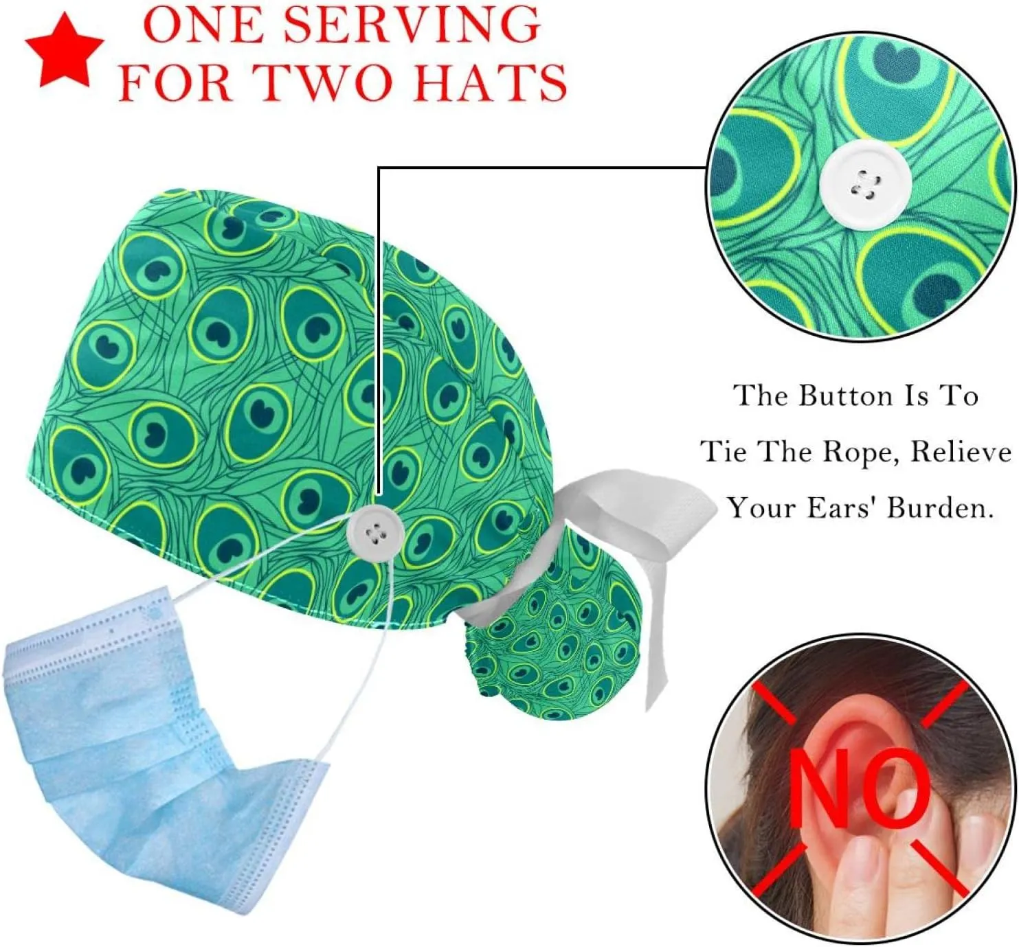 PCS Bouffant Cap with Button Ponytail Pouch Cotton Working longevity overcome Hat Sweatband Adjustable Surgical Cap Retro Geometric 2 