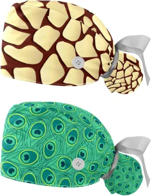 PCS Bouffant Cap with Button Ponytail Pouch Cotton Working longevity overcome Hat Sweatband Adjustable Surgical Cap Retro Geometric 2 