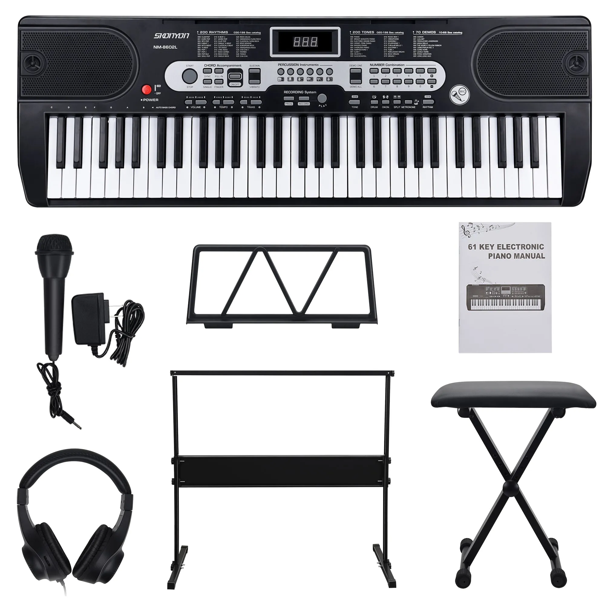 Piano Keyboard Set SKONYON 61Key Digital Electric Piano Keyboard Electronic Keyboard for Beginners, Black