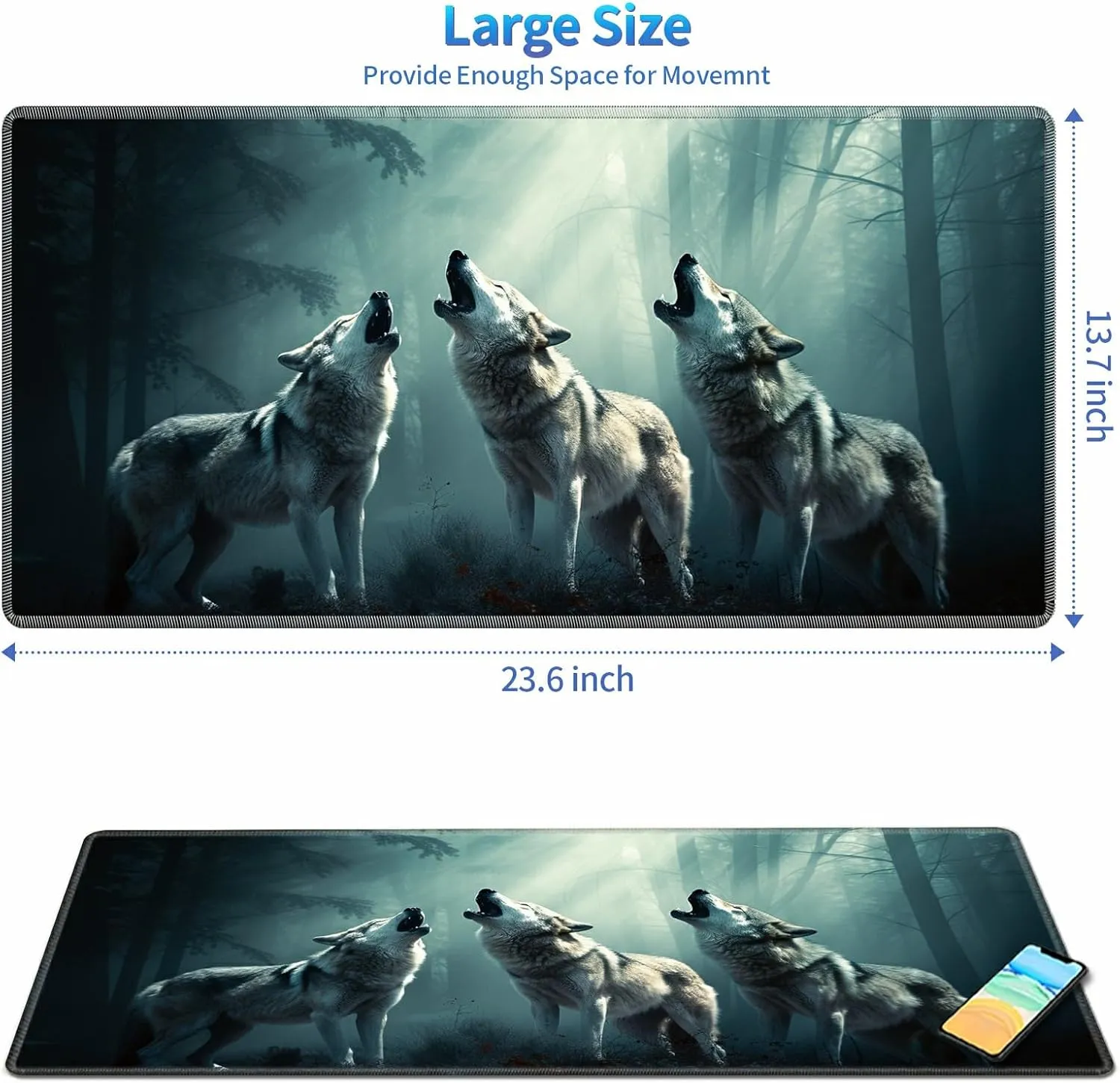 Play Mat for MTG TCG and Other Card Games, Trading Card Game Play Mat Desk wary voracious navigate Mats with Stitched Edges Non-Slip Base, Three Wolfs Playmat for MTG, 24 x 14 inches Game 