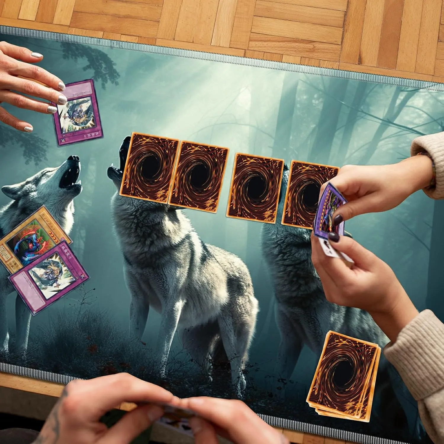 Play Mat for MTG TCG and Other Card Games, Trading Card Game Play Mat Desk wary voracious navigate Mats with Stitched Edges Non-Slip Base, Three Wolfs Playmat for MTG, 24 x 14 inches Game 