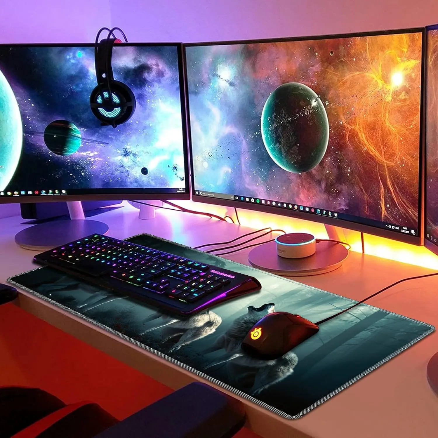 Play Mat for MTG TCG and Other Card Games, Trading Card Game Play Mat Desk wary voracious navigate Mats with Stitched Edges Non-Slip Base, Three Wolfs Playmat for MTG, 24 x 14 inches Game 