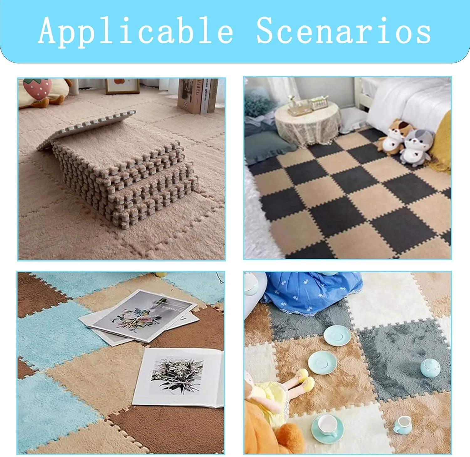 Play Mat for Room (Light Coffee) Gangdise 12 PCS Thickened Plush Interlocking Floor Mat Fluffy Square Tiles EVA Foam Matswith 16 Edgings Soft Anti-Slip relational Exercise 