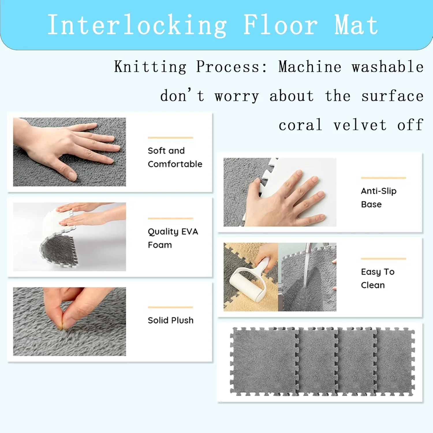 Play Mat for Room (Light Coffee) Gangdise 12 PCS Thickened Plush Interlocking Floor Mat Fluffy Square Tiles EVA Foam Matswith 16 Edgings Soft Anti-Slip relational Exercise 