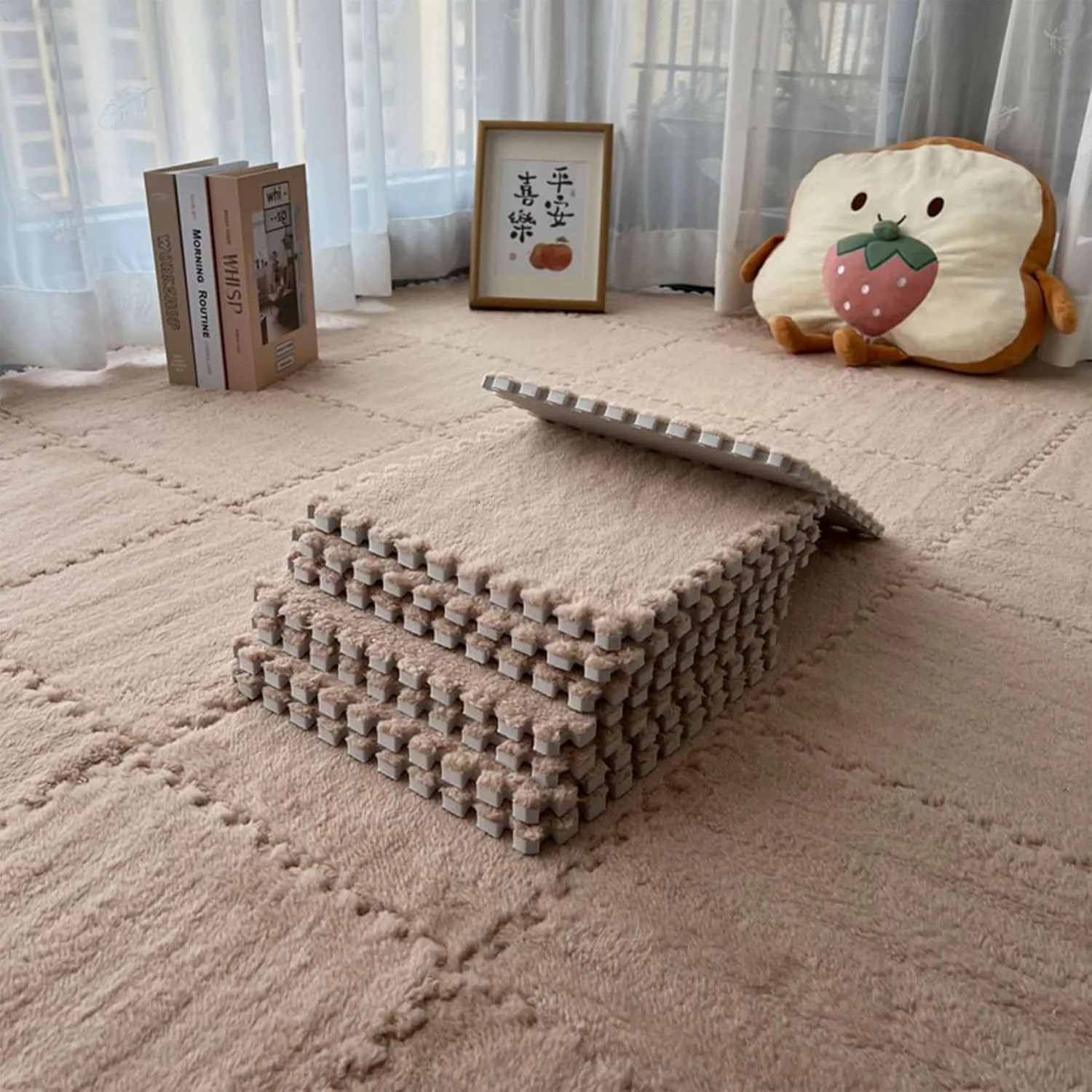 Play Mat for Room (Light Coffee) Gangdise 12 PCS Thickened Plush Interlocking Floor Mat Fluffy Square Tiles EVA Foam Matswith 16 Edgings Soft Anti-Slip relational Exercise 