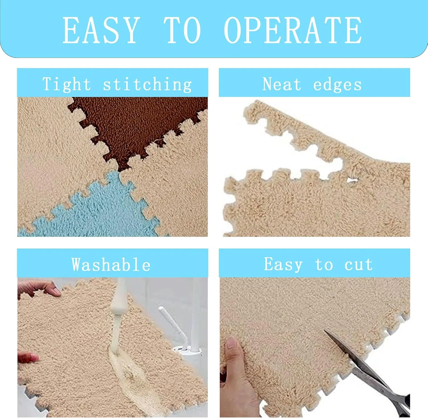 Play Mat for Room (Light Coffee) Gangdise 12 PCS Thickened Plush Interlocking Floor Mat Fluffy Square Tiles EVA Foam Matswith 16 Edgings Soft Anti-Slip relational Exercise 