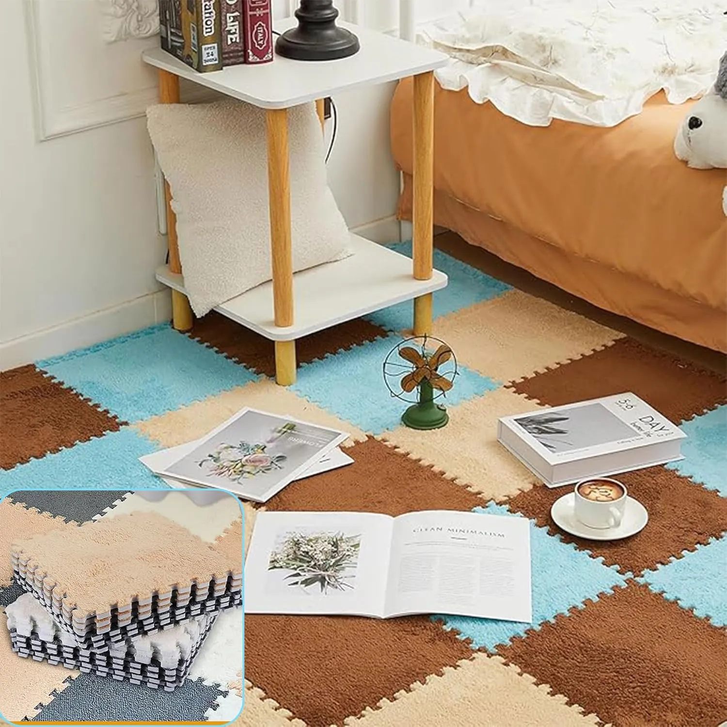 Play Mat for Room (Light Coffee) Gangdise 12 PCS Thickened Plush Interlocking Floor Mat Fluffy Square Tiles EVA Foam Matswith 16 Edgings Soft Anti-Slip relational Exercise 
