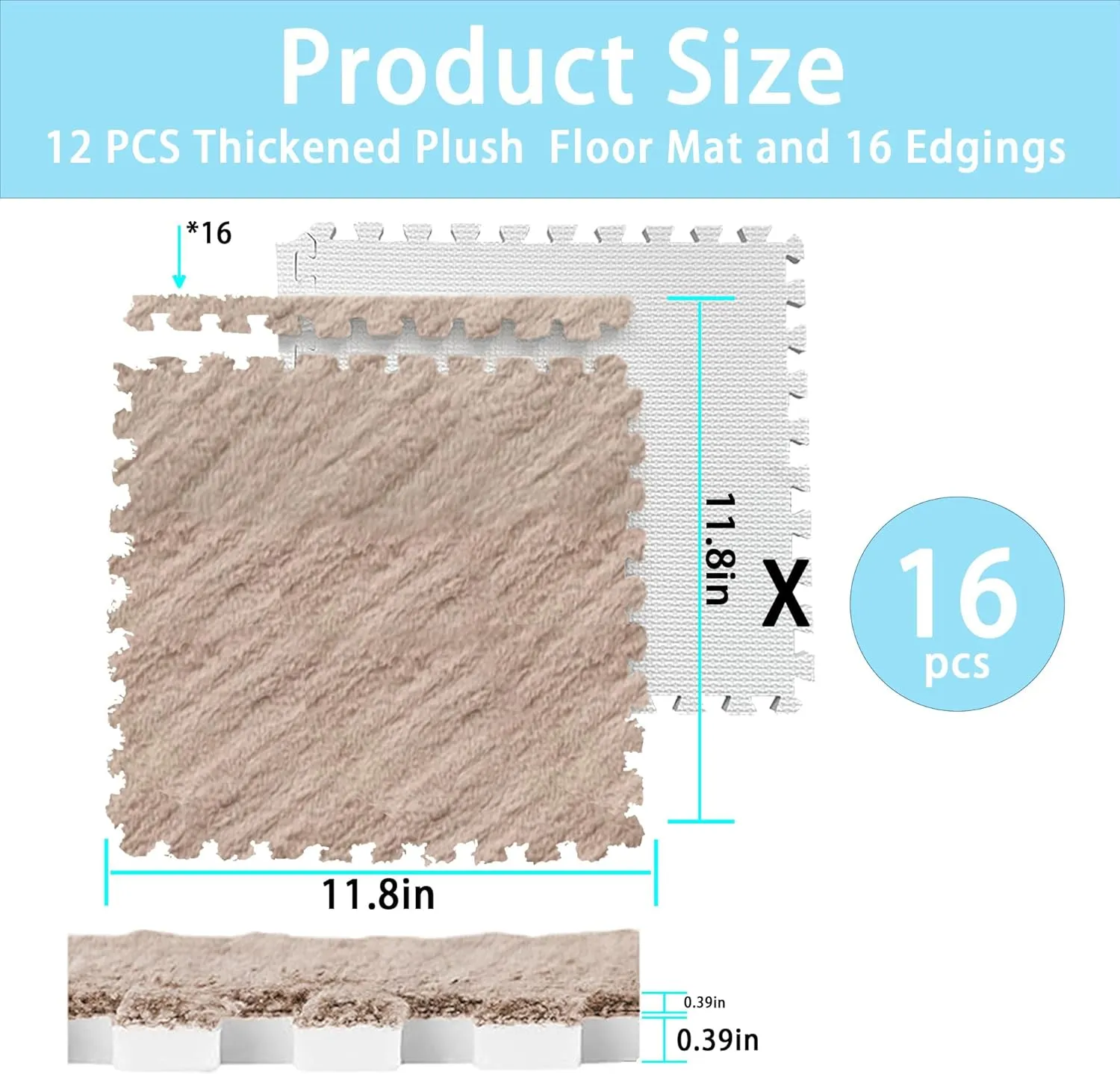 Play Mat for Room (Light Coffee) Gangdise 12 PCS Thickened Plush Interlocking Floor Mat Fluffy Square Tiles EVA Foam Matswith 16 Edgings Soft Anti-Slip relational Exercise 